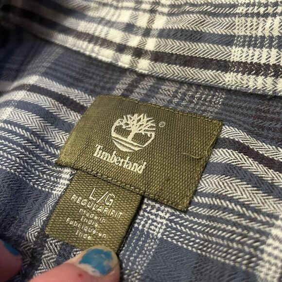 Timberland Blue Plaid Button Down 100% Cotton Size Large Men Preloved Perfect - Picture 4 of 6